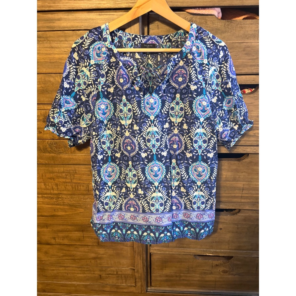 Talbots Petite Blue Paisley Floral Cotton Puff Sleeve Tie Neck Blouse MP - Picture 2 of 5